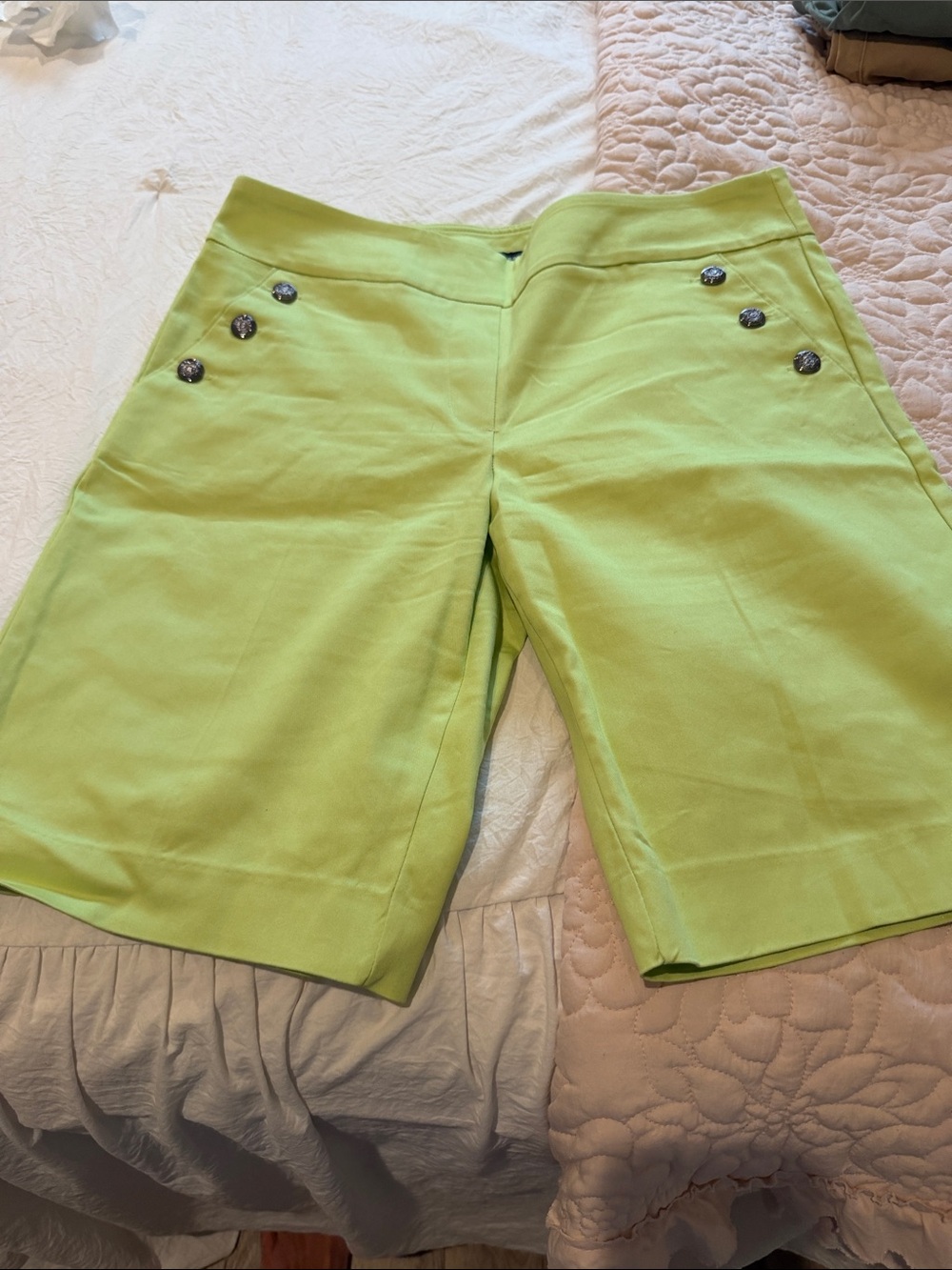 Counterparts Lime Green Bermuda Shorts with Button Accents